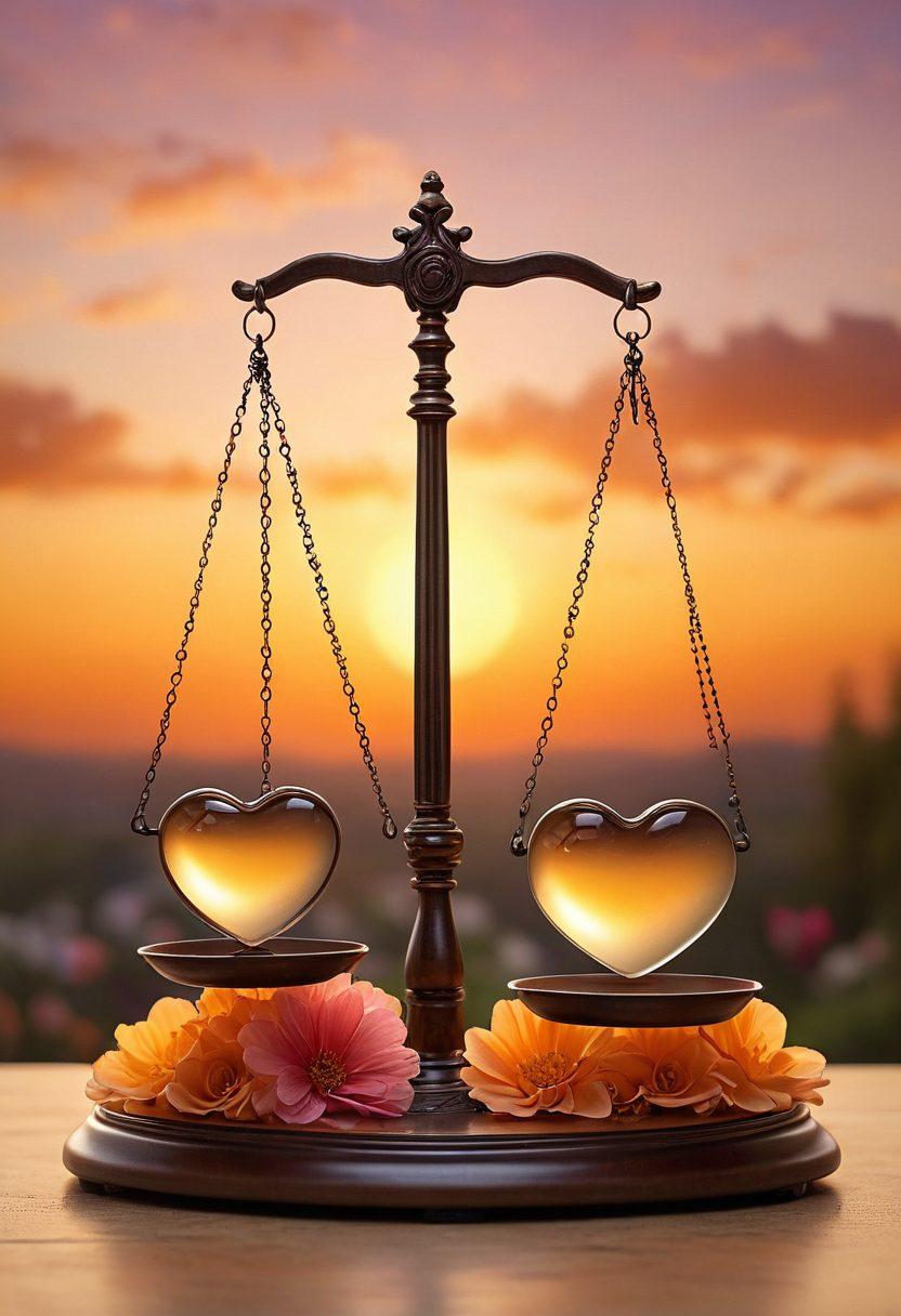 A delicate balance scale representing love and criticism, with one side displaying a heart and the other a magnifying glass, surrounded by blooming flowers symbolizing deep emotions. In the background, a soft sunset casts a warm glow, enhancing the theme of navigating relationships with precision. The overall vibe is introspective yet romantic. super-realistic. warm colors. soft focus.