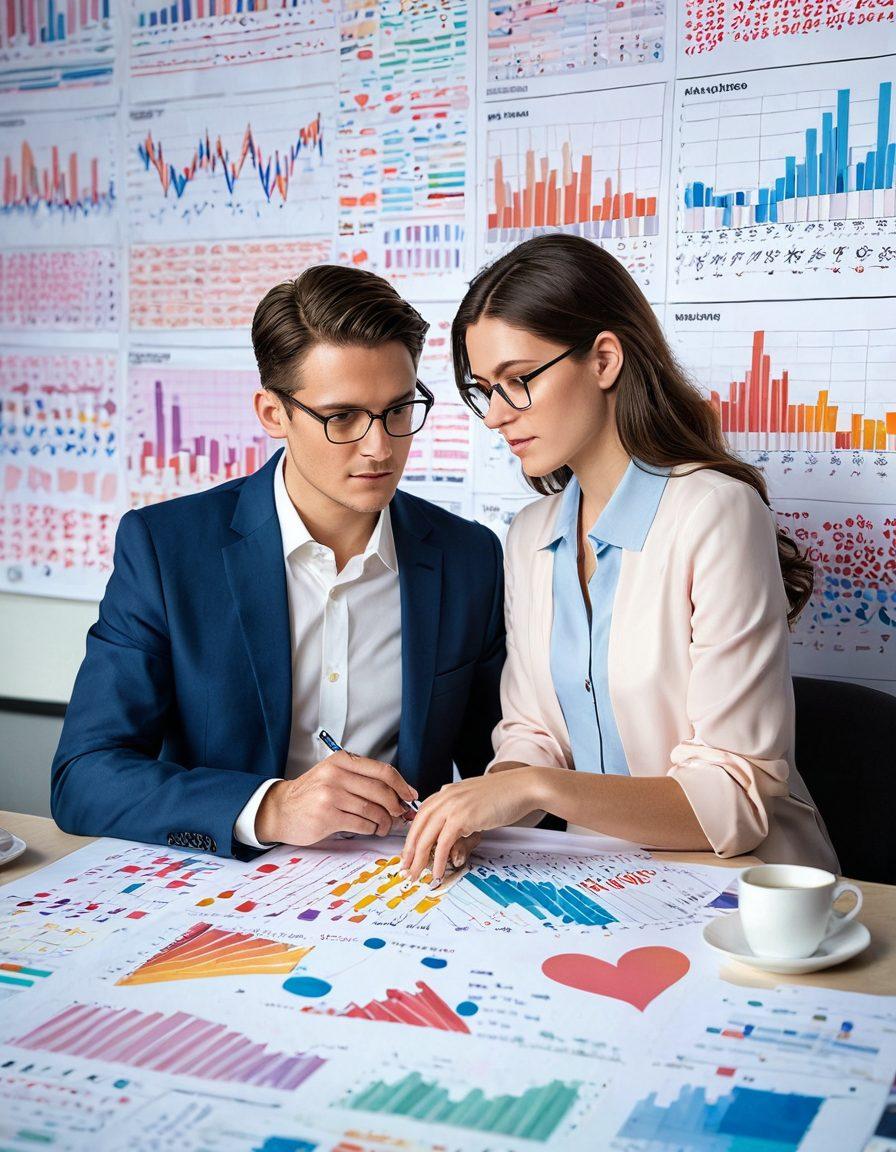 A split scene featuring an analyst on one side, surrounded by charts and graphs, and an adviser on the other, engaging with a couple in a romantic setting, with soft lighting and petals. In the background, interwoven hearts and data streams represent the blend of love and analysis. Soft pastel colors dominate, creating an inviting atmosphere. super-realistic. vibrant colors.