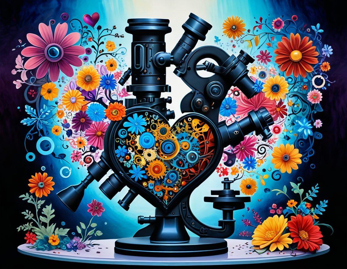 A surreal depiction of a heart-shaped microscope, with intricate gears and cogs visibly analyzing fragments of human relationships floating around it. Delicate flowers and intricate patterns symbolize love and complexity, while shadows portray overthinking and perfectionism. A blurred background suggests the chaos of thoughts, creating a dreamy atmosphere. vibrant colors. painting.